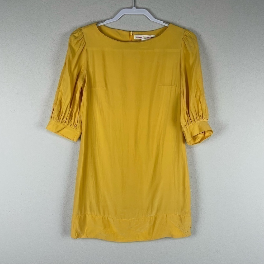 Amanda Uprichard Yellow Half Sleeve 100% Silk Semi Sheer Mini Dress Size XS